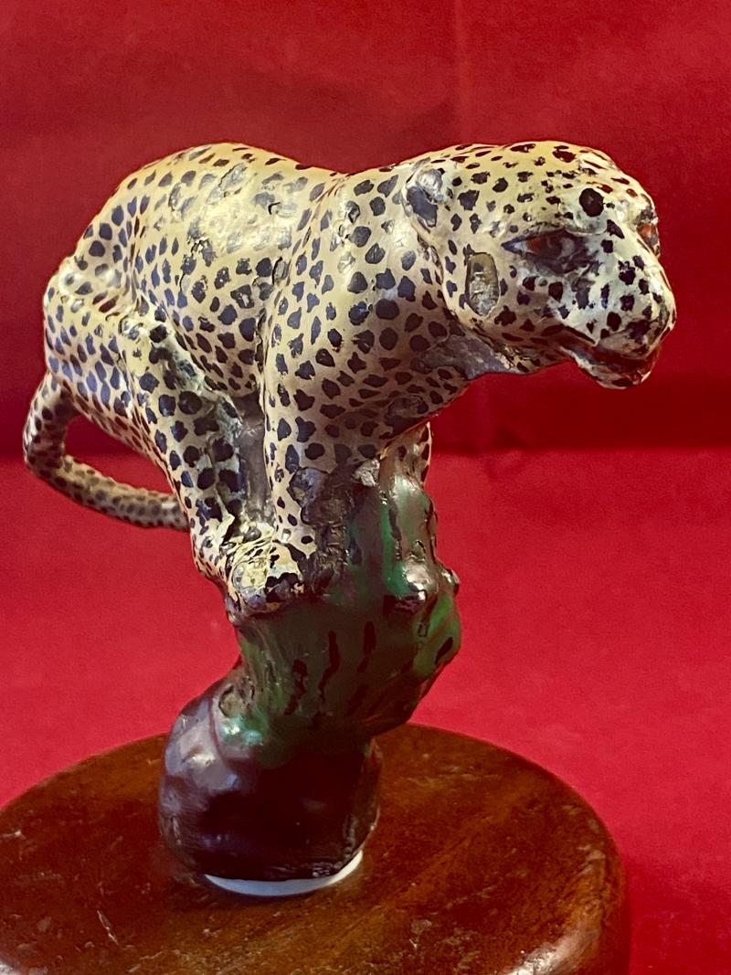 Unusual Vintage Hand Painted Jaguar Car or Panther Motorcycle Mascot Mounted on Wooden Plinth c1940