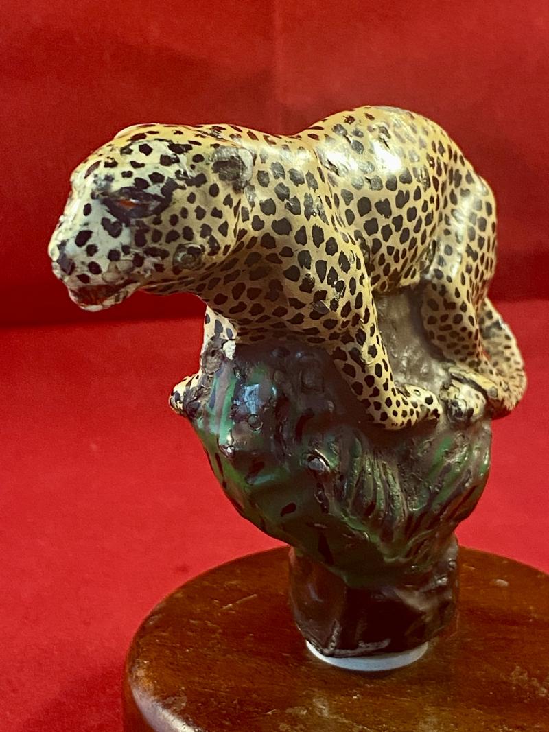 Unusual Vintage Hand Painted Jaguar Car or Panther Motorcycle Mascot Mounted on Wooden Plinth c1940
