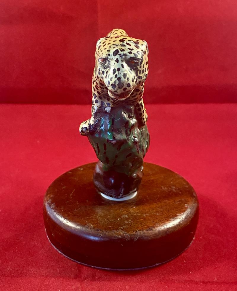 Unusual Vintage Hand Painted Jaguar Car or Panther Motorcycle Mascot Mounted on Wooden Plinth c1940