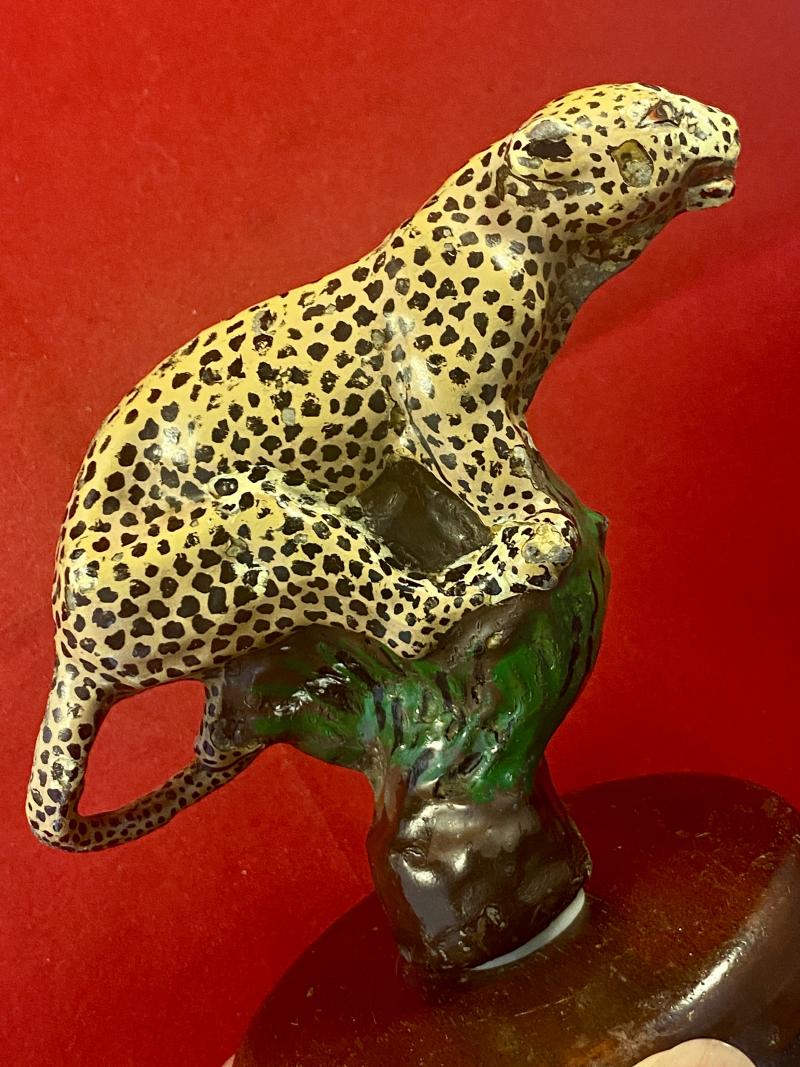 Unusual Vintage Hand Painted Jaguar Car or Panther Motorcycle Mascot Mounted on Wooden Plinth c1940