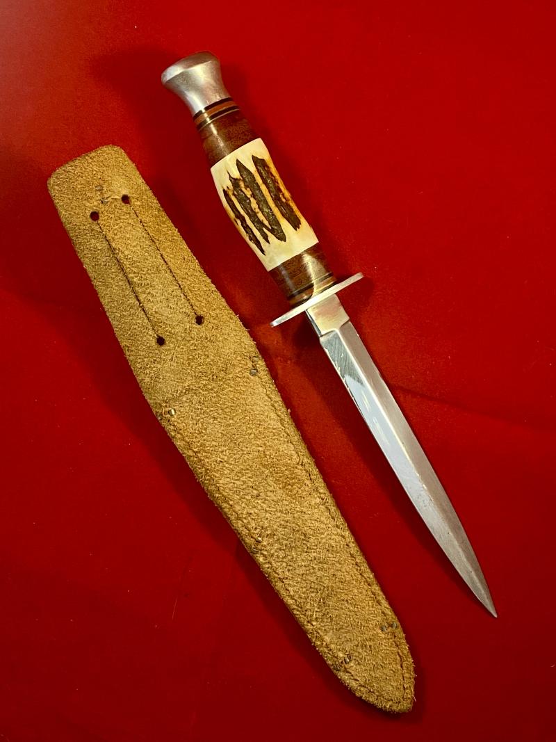 Mint Vintage Commando Style Knife by William Rodgers “I CUT MY WAY” with Stag Horn Grip and Leather Sheath c1960