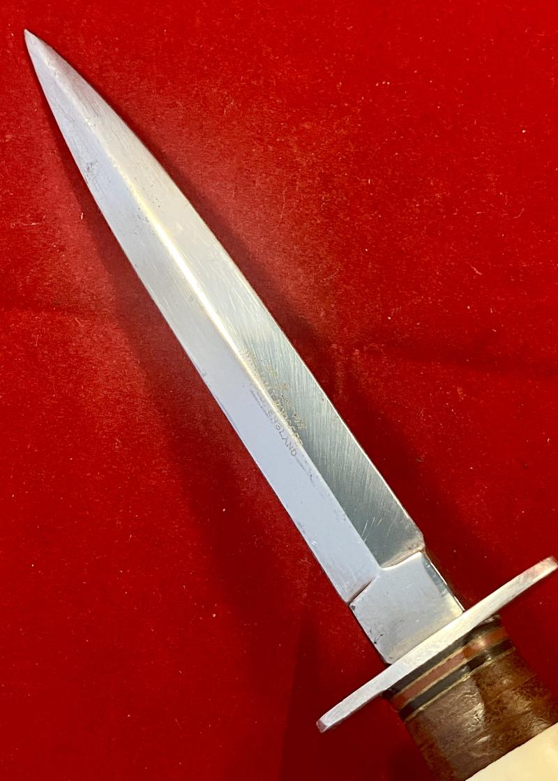 Mint Vintage Commando Style Knife by William Rodgers “I CUT MY WAY” with Stag Horn Grip and Leather Sheath c1960