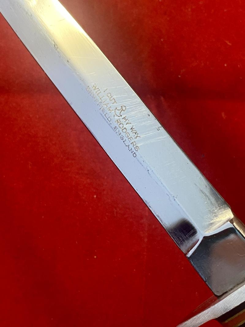 Mint Vintage Commando Style Knife by William Rodgers “I CUT MY WAY” with Stag Horn Grip and Leather Sheath c1960
