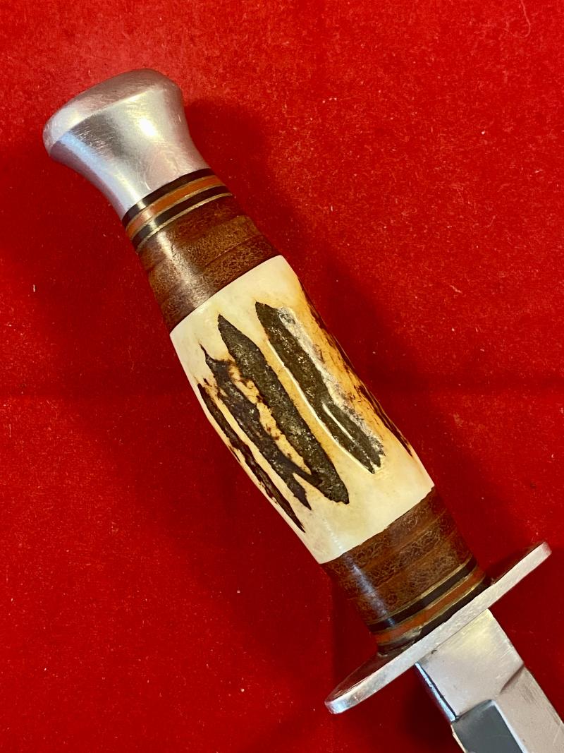 Mint Vintage Commando Style Knife by William Rodgers “I CUT MY WAY” with Stag Horn Grip and Leather Sheath c1960