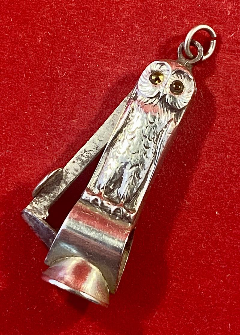Victorian Silver Owl Cheroot Cutter with Glass Eyes c1890