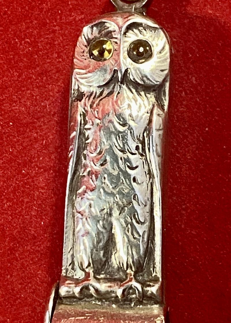 Victorian Silver Owl Cheroot Cutter with Glass Eyes c1890