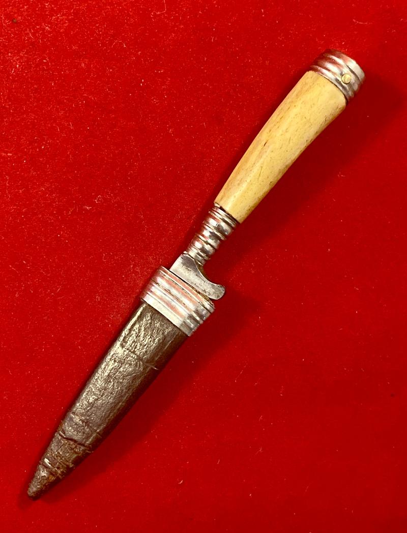 Vintage Miniature German Boot Knife with Horn Grip and Original Leather Sheath
