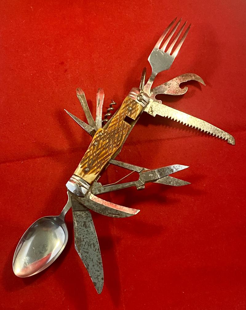 Large Vintage Japanese HOBO - 11 Multi Tool Camping Survival Knife with Stag Horn Grips c1950