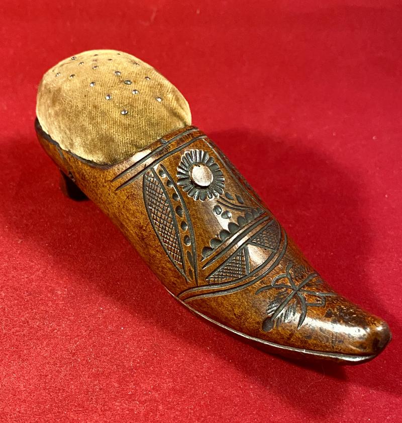 Rare Anglo-Boer War - POW made Wooden Shoe Pin Cushion – Bermuda c1902