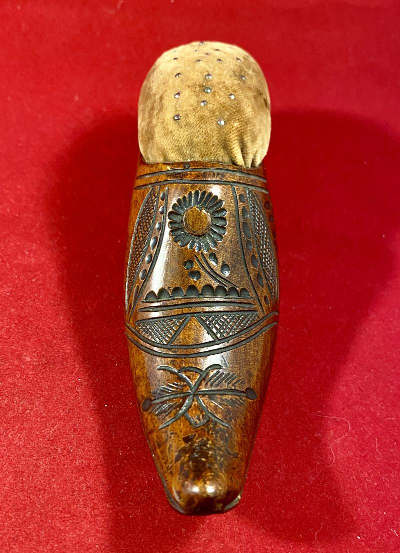 Rare Anglo-Boer War - POW made Wooden Shoe Pin Cushion – Bermuda c1902