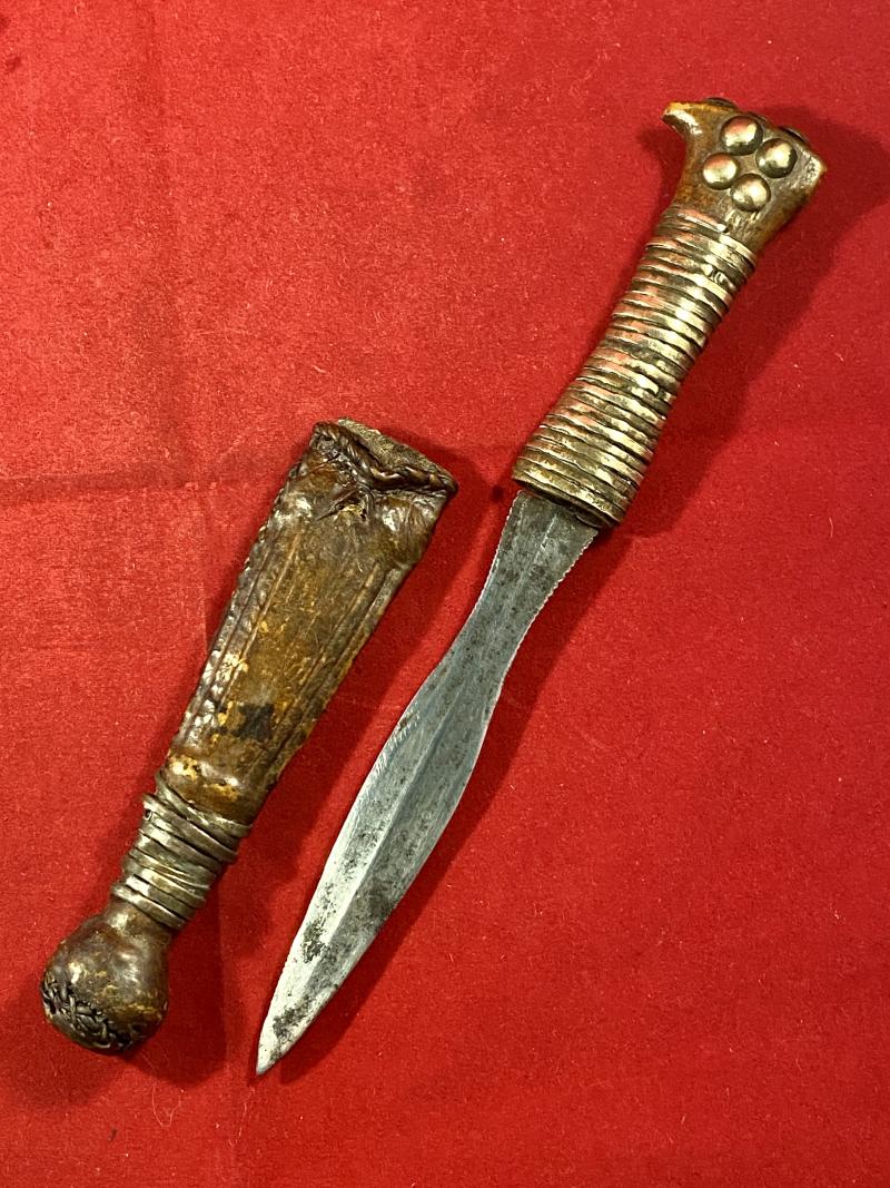 Unusual Antique Central African Tribal Dagger with 4.5” Leaf Shaped Blade and Skin Covered Sheath