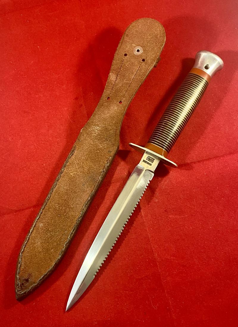 Vintage William Rodgers “I CUT MY WAY” Stiletto Knife with Serrated Blade, Stacked Brass Grip and Custom Leather Sheath