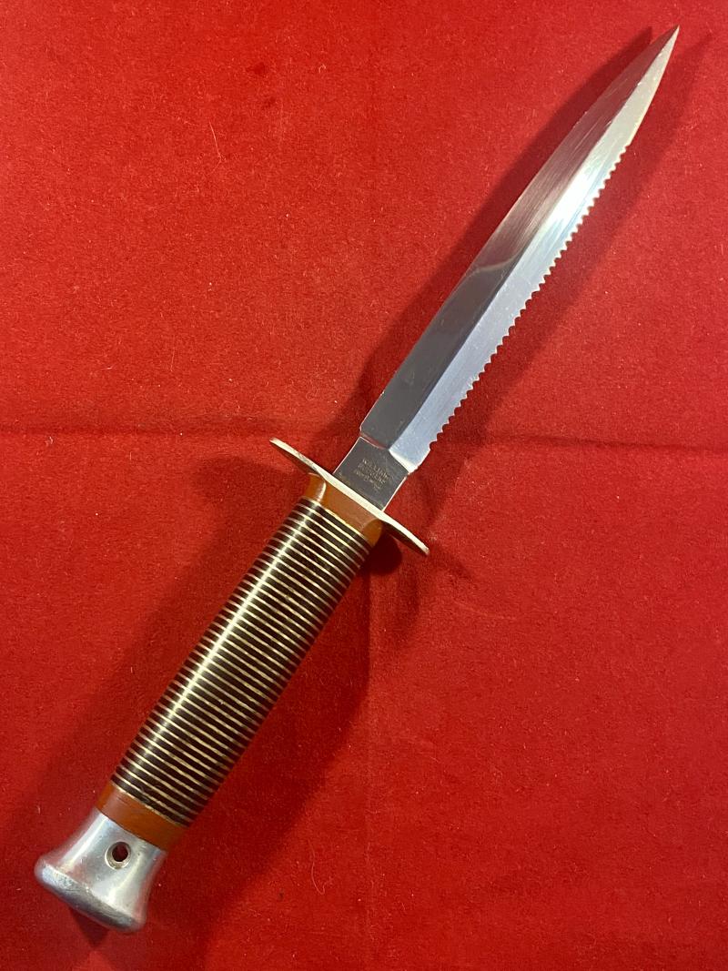Vintage William Rodgers “I CUT MY WAY” Stiletto Knife with Serrated Blade, Stacked Brass Grip and Custom Leather Sheath