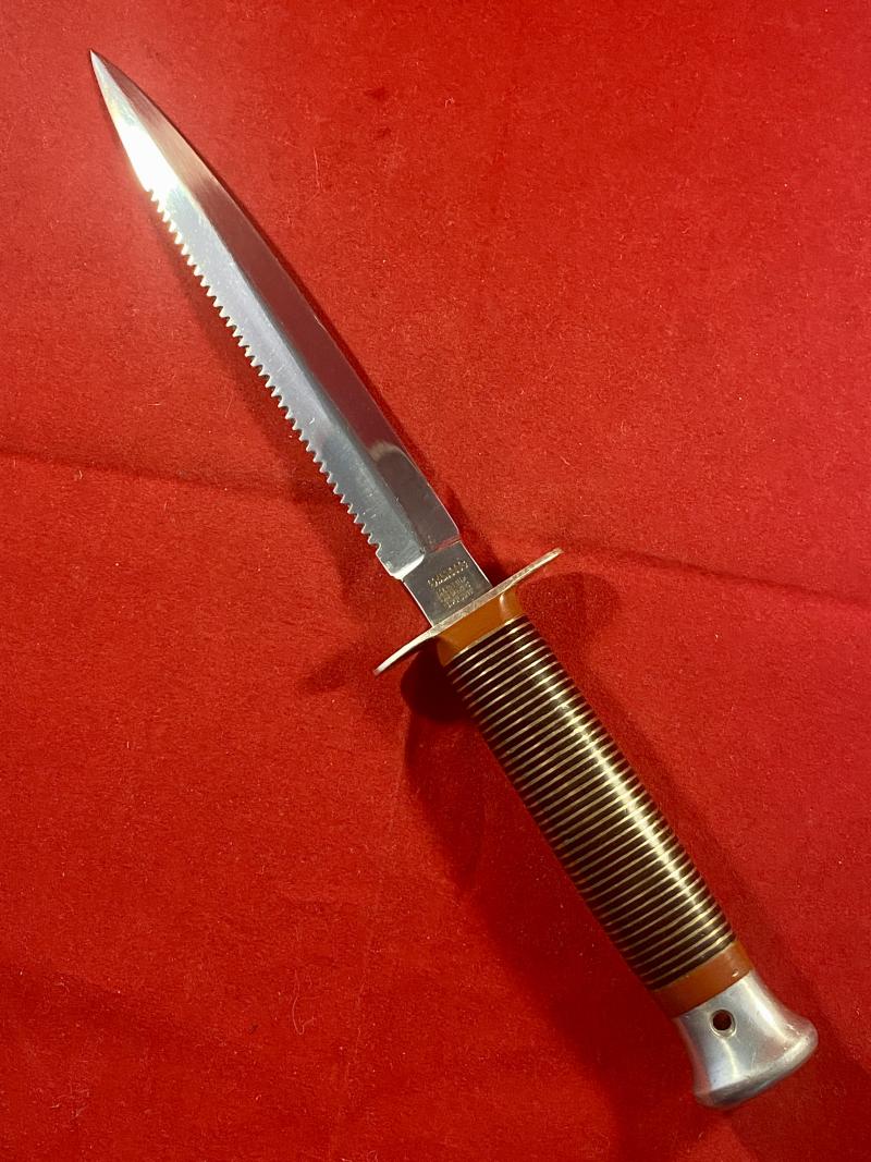 Vintage William Rodgers “I CUT MY WAY” Stiletto Knife with Serrated Blade, Stacked Brass Grip and Custom Leather Sheath