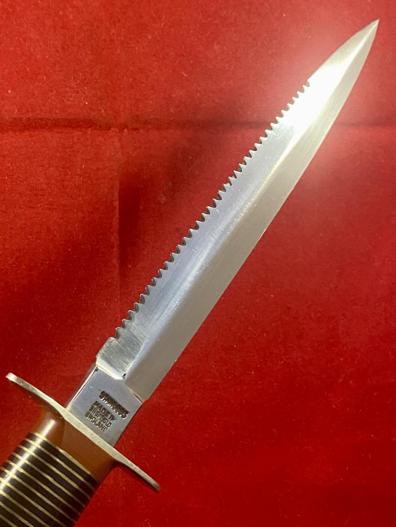 Vintage William Rodgers “I CUT MY WAY” Stiletto Knife with Serrated Blade, Stacked Brass Grip and Custom Leather Sheath