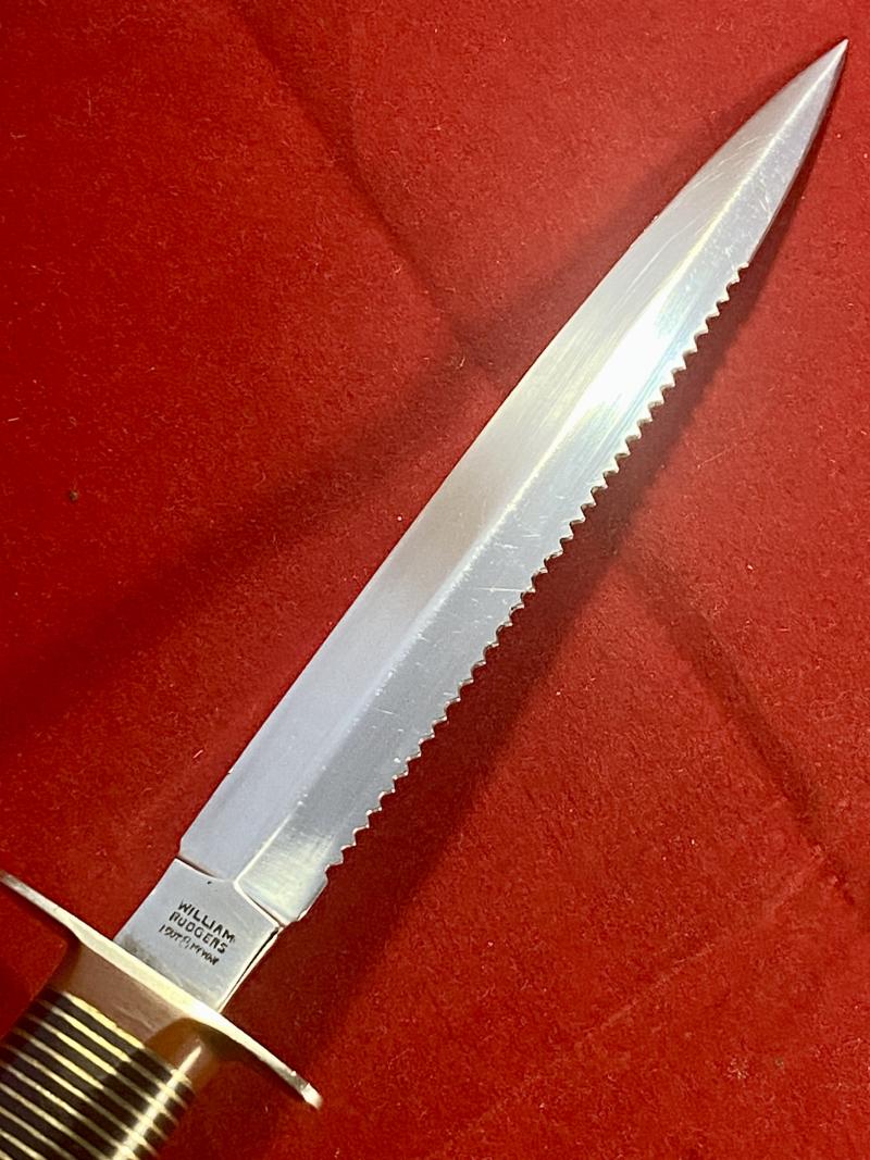 Vintage William Rodgers “I CUT MY WAY” Stiletto Knife with Serrated Blade, Stacked Brass Grip and Custom Leather Sheath