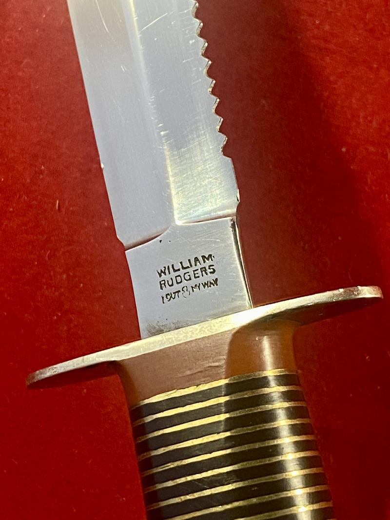 Vintage William Rodgers “I CUT MY WAY” Stiletto Knife with Serrated Blade, Stacked Brass Grip and Custom Leather Sheath