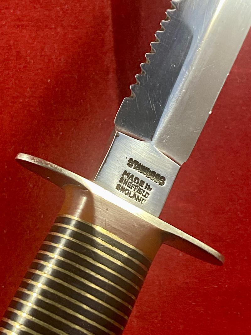 Vintage William Rodgers “I CUT MY WAY” Stiletto Knife with Serrated Blade, Stacked Brass Grip and Custom Leather Sheath