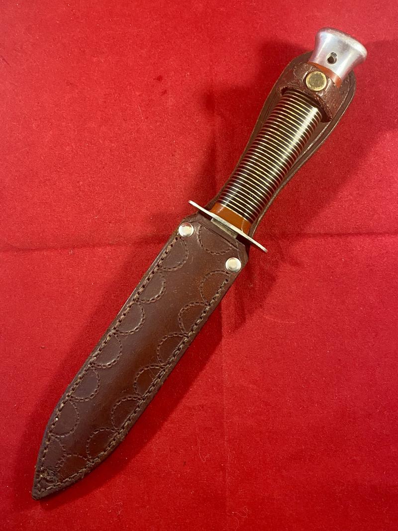 Vintage William Rodgers “I CUT MY WAY” Stiletto Knife with Serrated Blade, Stacked Brass Grip and Custom Leather Sheath