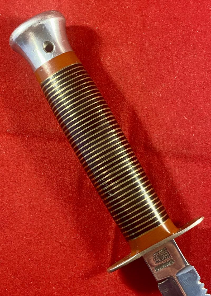 Vintage William Rodgers “I CUT MY WAY” Stiletto Knife with Serrated Blade, Stacked Brass Grip and Custom Leather Sheath