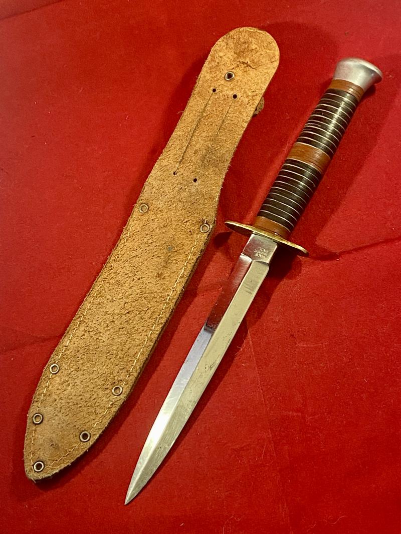 Vintage Commando Style Knife with Stiletto Blade, Stacked Brass and Leather Grip and Custom “Indian Chief” Leather Sheath