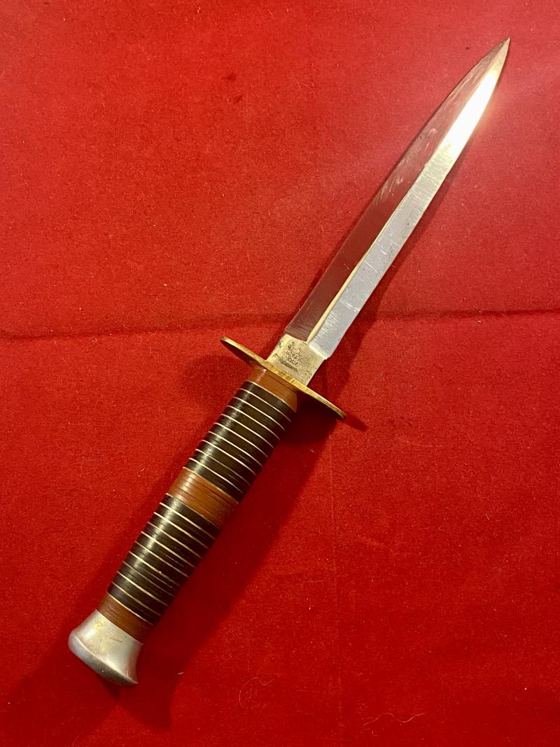 Vintage Commando Style Knife with Stiletto Blade, Stacked Brass and Leather Grip and Custom “Indian Chief” Leather Sheath
