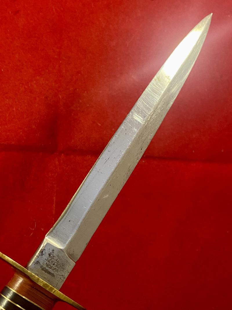 Vintage Commando Style Knife with Stiletto Blade, Stacked Brass and Leather Grip and Custom “Indian Chief” Leather Sheath