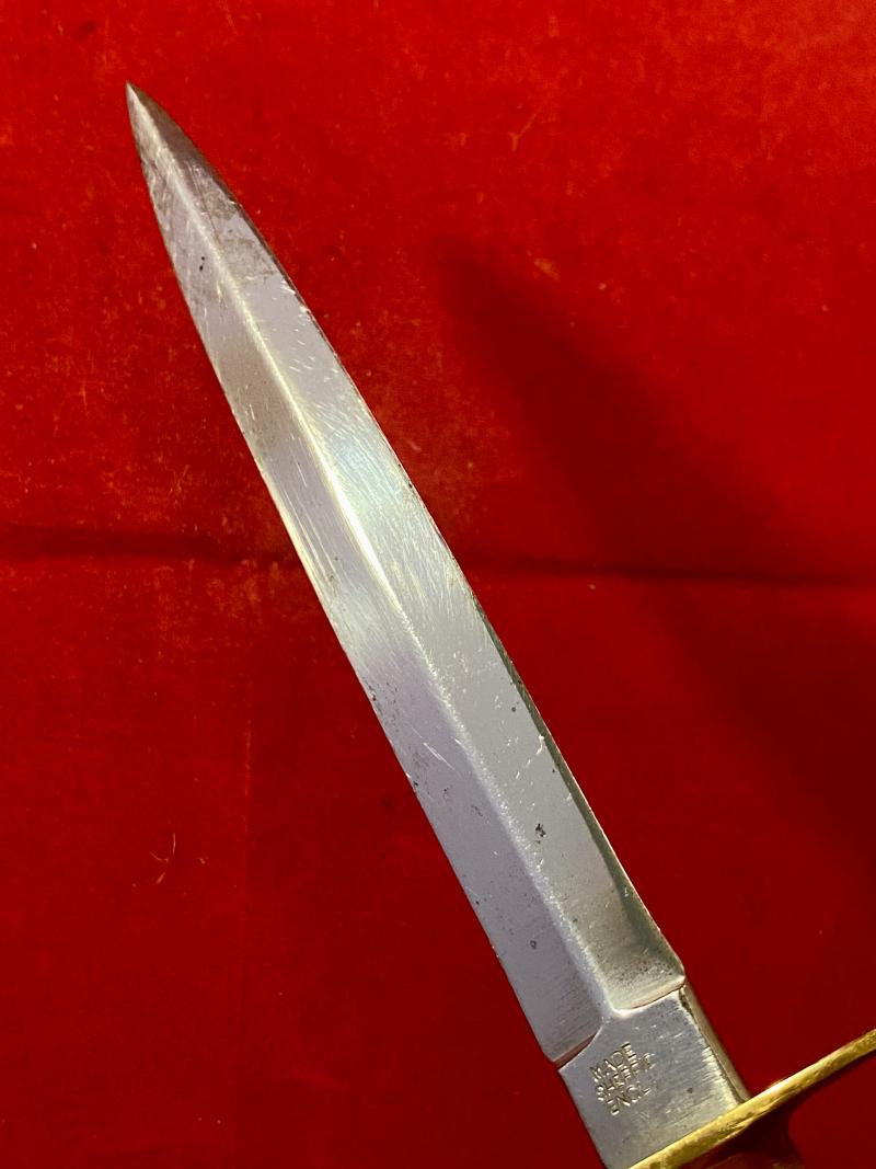 Vintage Commando Style Knife with Stiletto Blade, Stacked Brass and Leather Grip and Custom “Indian Chief” Leather Sheath