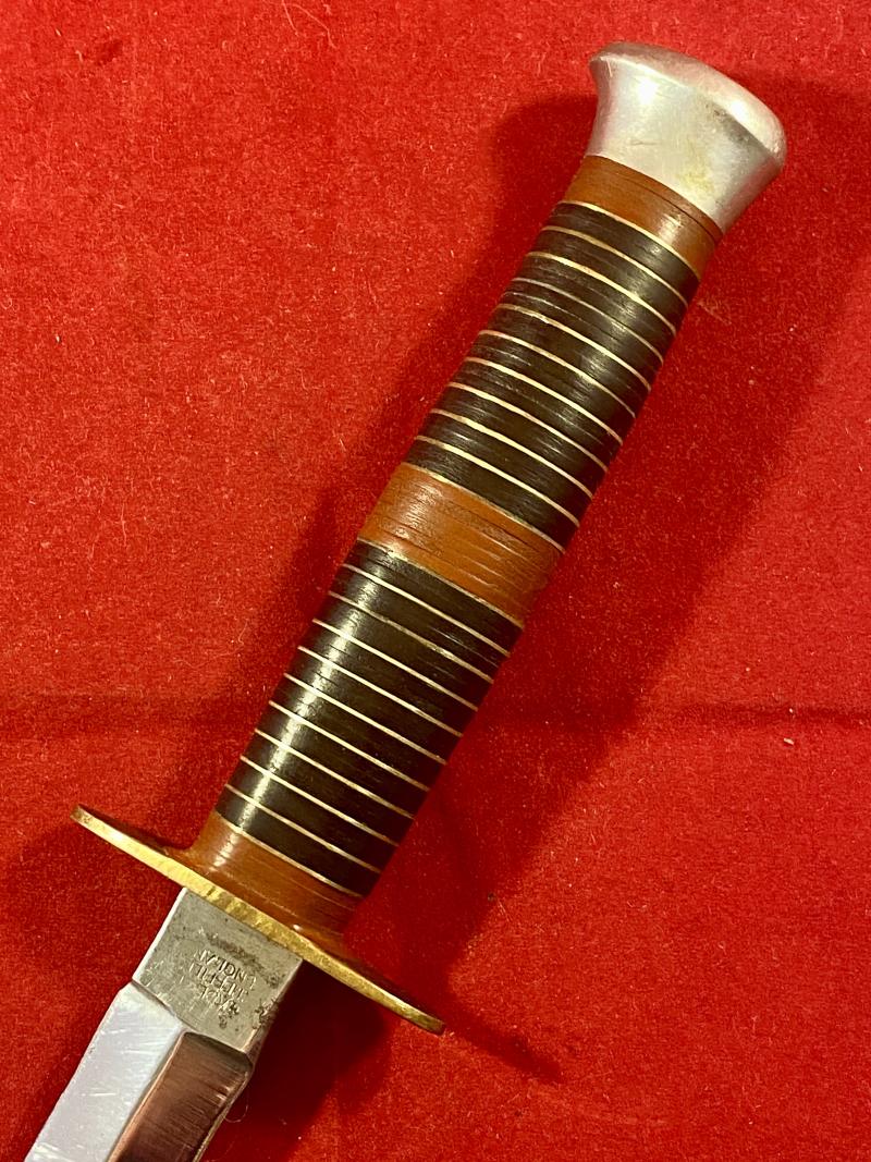 Vintage Commando Style Knife with Stiletto Blade, Stacked Brass and Leather Grip and Custom “Indian Chief” Leather Sheath