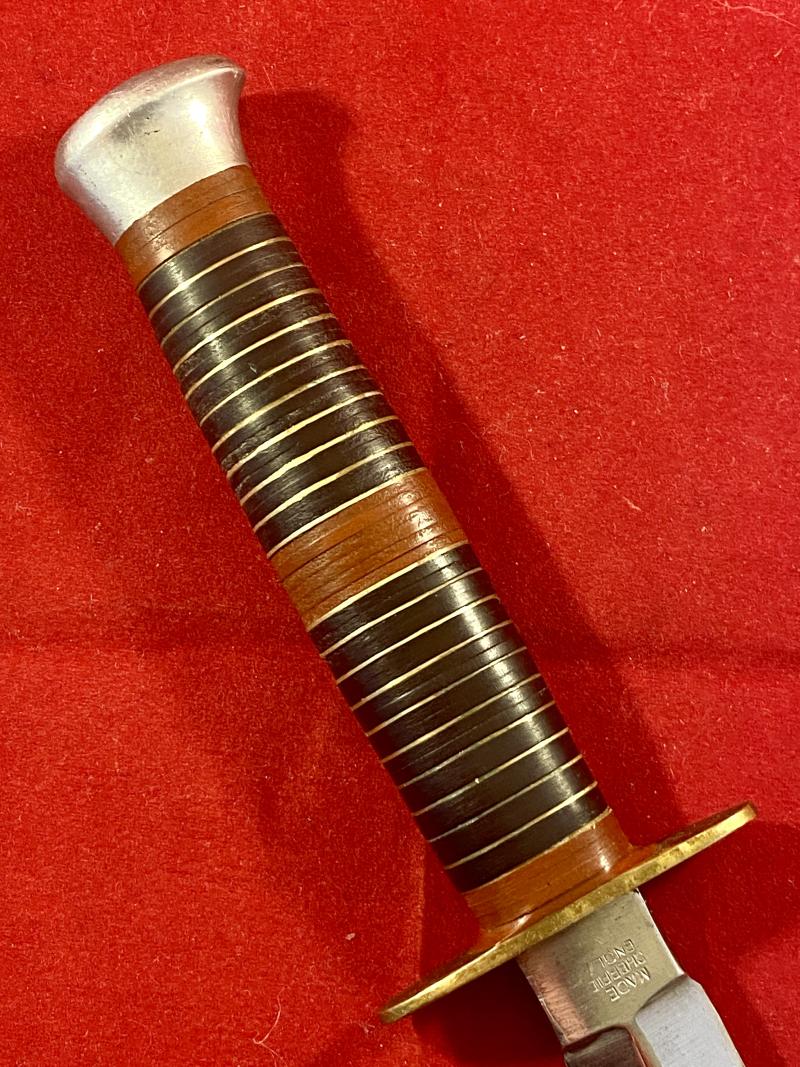 Vintage Commando Style Knife with Stiletto Blade, Stacked Brass and Leather Grip and Custom “Indian Chief” Leather Sheath
