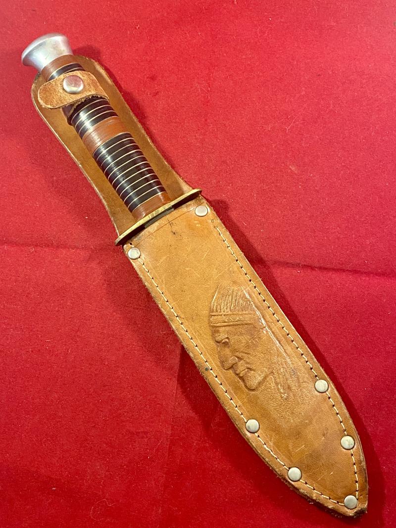 Vintage Commando Style Knife with Stiletto Blade, Stacked Brass and Leather Grip and Custom “Indian Chief” Leather Sheath