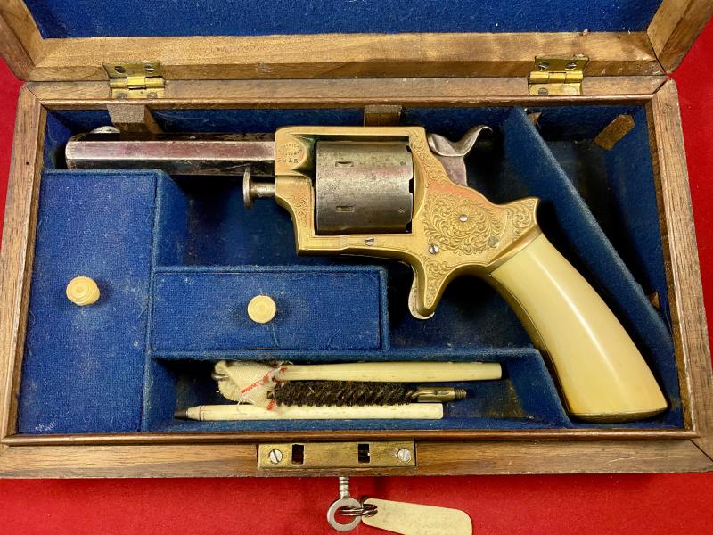 Scarce Deluxe Version of a Tranter Patent 7-Shot .32 Rimfire Revolver Retailed by J.H. Crane London with Tools in Fitted Burr Walnut Case c1865