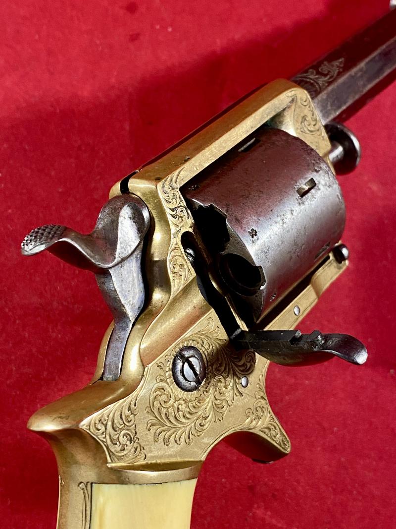 Scarce Deluxe Version of a Tranter Patent 7-Shot .32 Rimfire Revolver Retailed by J.H. Crane London with Tools in Fitted Burr Walnut Case c1865