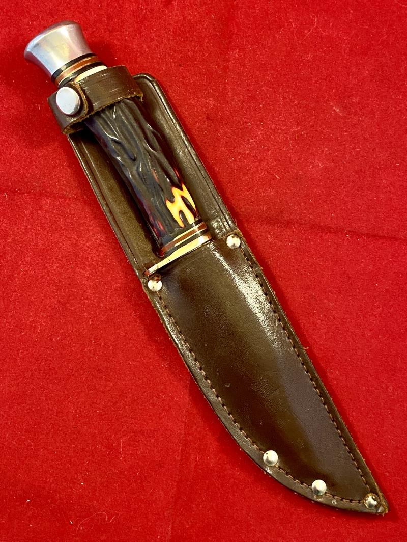 Vintage Scout Knife by William Rodgers “I CUT MY WAY” with Faux Stag Antler Grip and Original Leather Sheath
