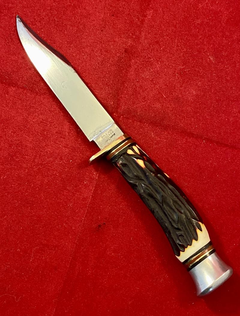 Vintage Scout Knife by William Rodgers “I CUT MY WAY” with Faux Stag Antler Grip and Original Leather Sheath