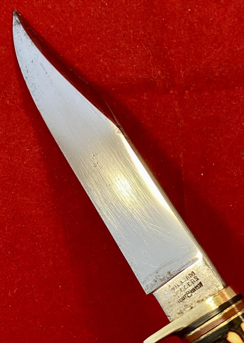 Vintage Scout Knife by William Rodgers “I CUT MY WAY” with Faux Stag Antler Grip and Original Leather Sheath