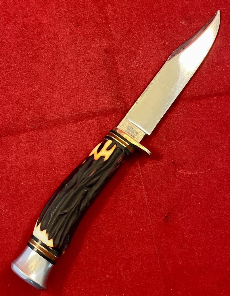 Vintage Scout Knife by William Rodgers “I CUT MY WAY” with Faux Stag Antler Grip and Original Leather Sheath