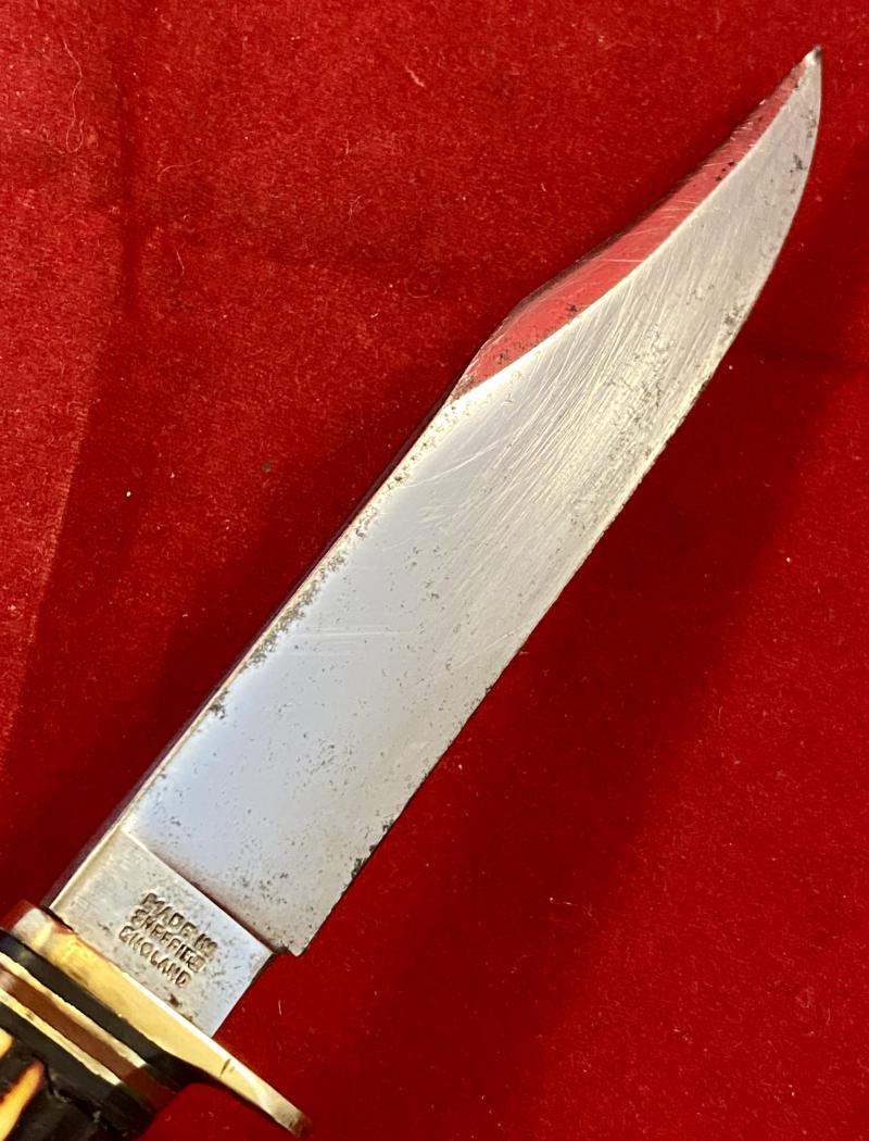 Vintage Scout Knife by William Rodgers “I CUT MY WAY” with Faux Stag Antler Grip and Original Leather Sheath