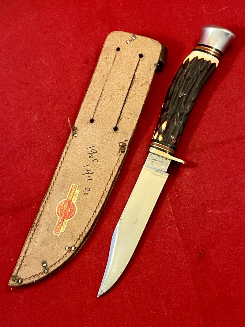 Vintage Scout Knife by William Rodgers “I CUT MY WAY” with Faux Stag Antler Grip and Original Leather Sheath