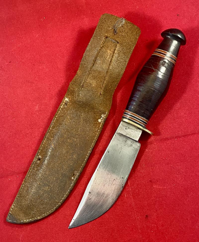 Scarce Vintage Hunting Wide Blade Bowie Knife by W.H. FAGAN & SON with Stacked Leather Grip and Leather Sheath