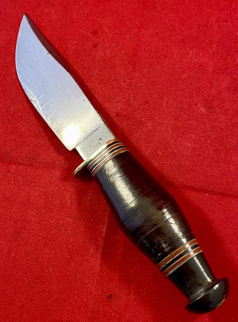 Scarce Vintage Hunting Wide Blade Bowie Knife by W.H. FAGAN & SON with Stacked Leather Grip and Leather Sheath