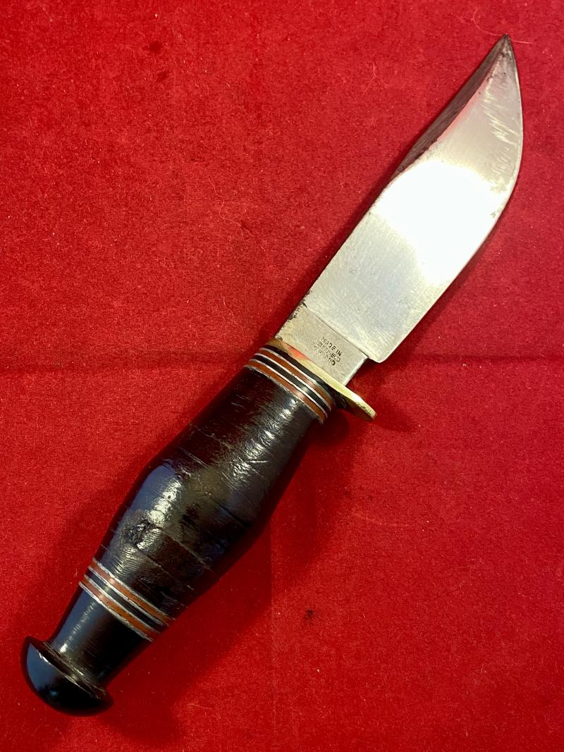Scarce Vintage Hunting Wide Blade Bowie Knife by W.H. FAGAN & SON with Stacked Leather Grip and Leather Sheath