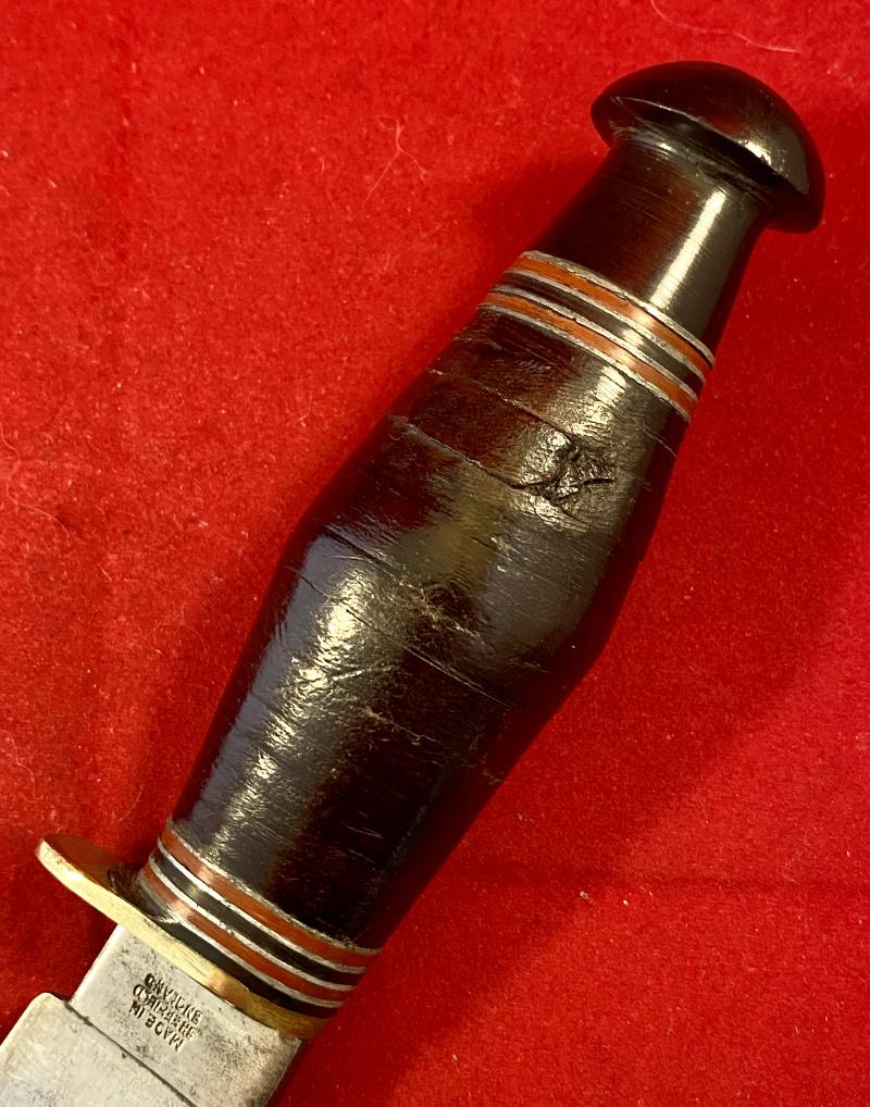 Scarce Vintage Hunting Wide Blade Bowie Knife by W.H. FAGAN & SON with Stacked Leather Grip and Leather Sheath