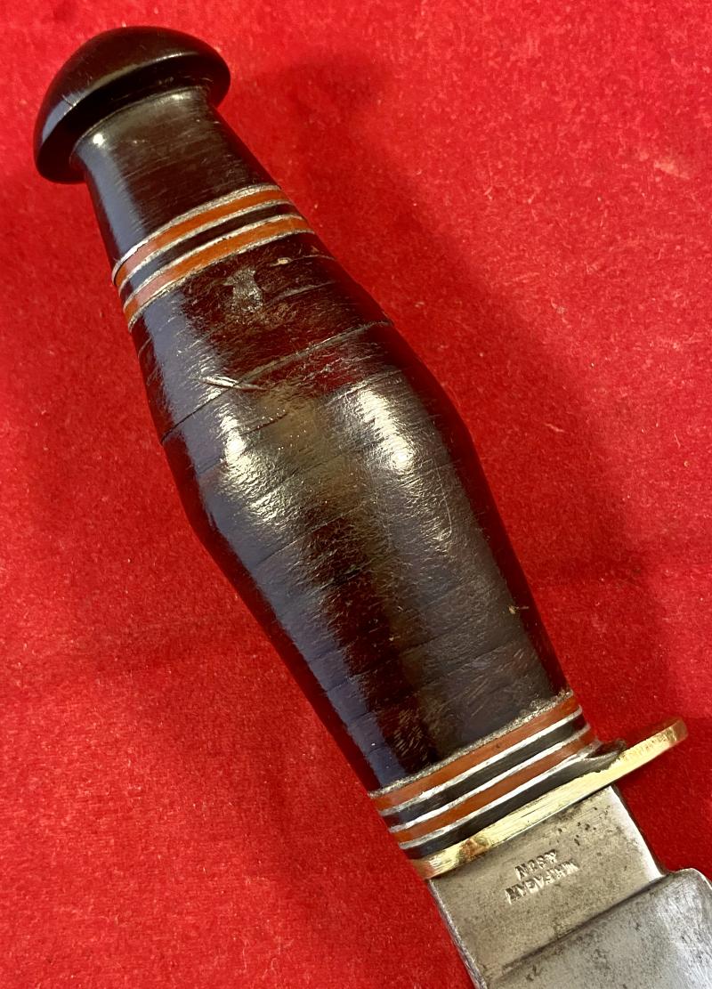 Scarce Vintage Hunting Wide Blade Bowie Knife by W.H. FAGAN & SON with Stacked Leather Grip and Leather Sheath