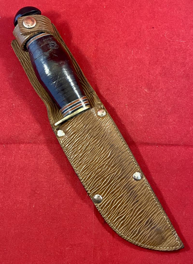 Scarce Vintage Hunting Wide Blade Bowie Knife by W.H. FAGAN & SON with Stacked Leather Grip and Leather Sheath