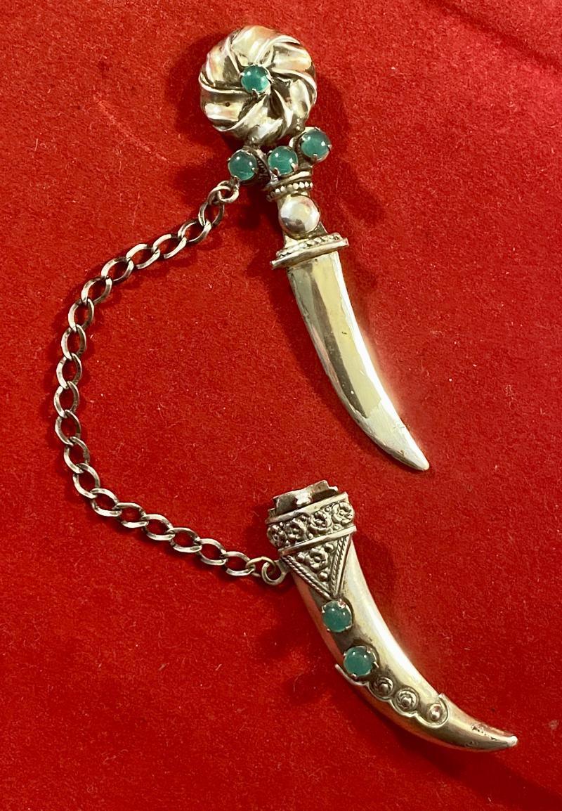 Fine Vintage Sterling Silver Dagger and Scabbard Brooch Fitted with Chrysoprase Cabochons