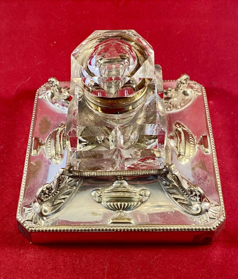 Antique Square Cut-Glass Inkwell set in an Ornate Silver-Plated Stand by Walker & Hall Sheffield 1891