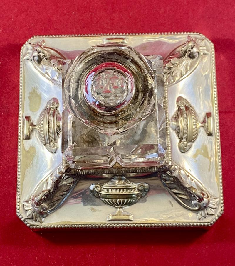 Antique Square Cut-Glass Inkwell set in an Ornate Silver-Plated Stand by Walker & Hall Sheffield 1891