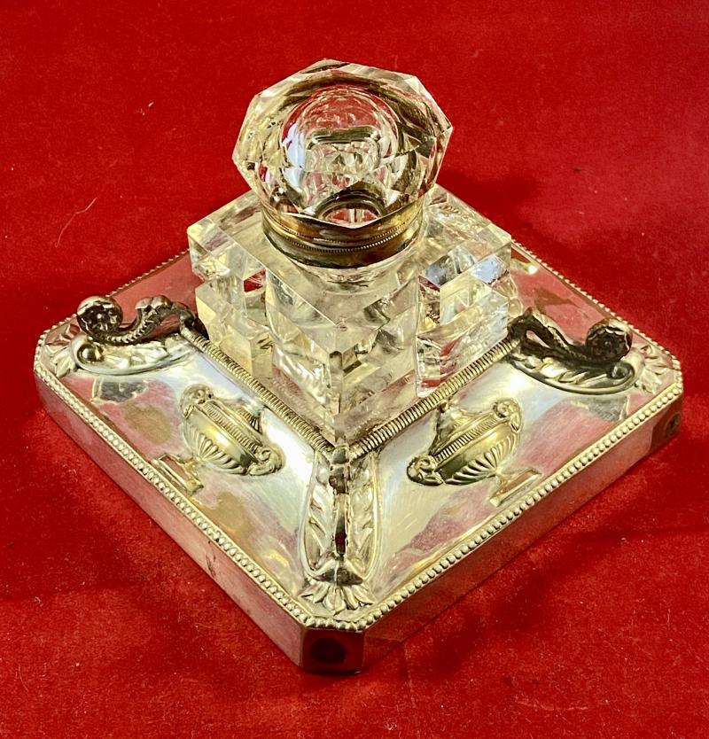 Antique Square Cut-Glass Inkwell set in an Ornate Silver-Plated Stand by Walker & Hall Sheffield 1891