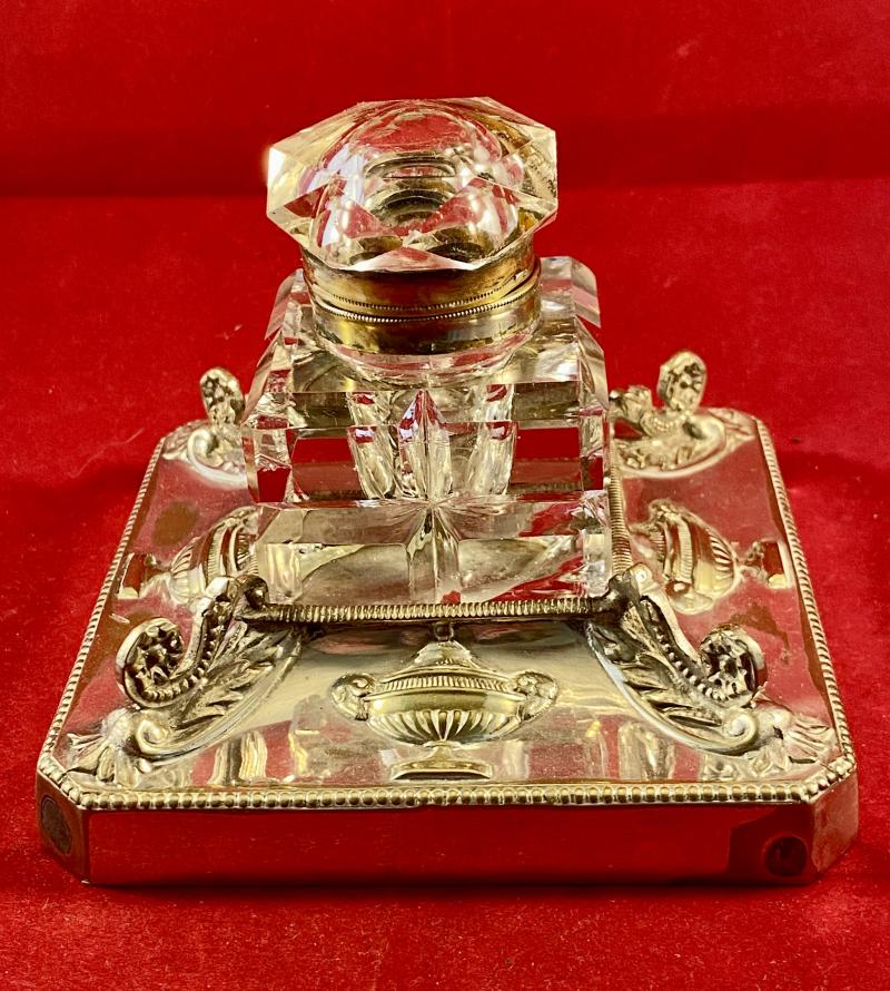 Antique Square Cut-Glass Inkwell set in an Ornate Silver-Plated Stand by Walker & Hall Sheffield 1891